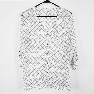 CAbi Sheer Black White Button Blouse Roll Sleeve